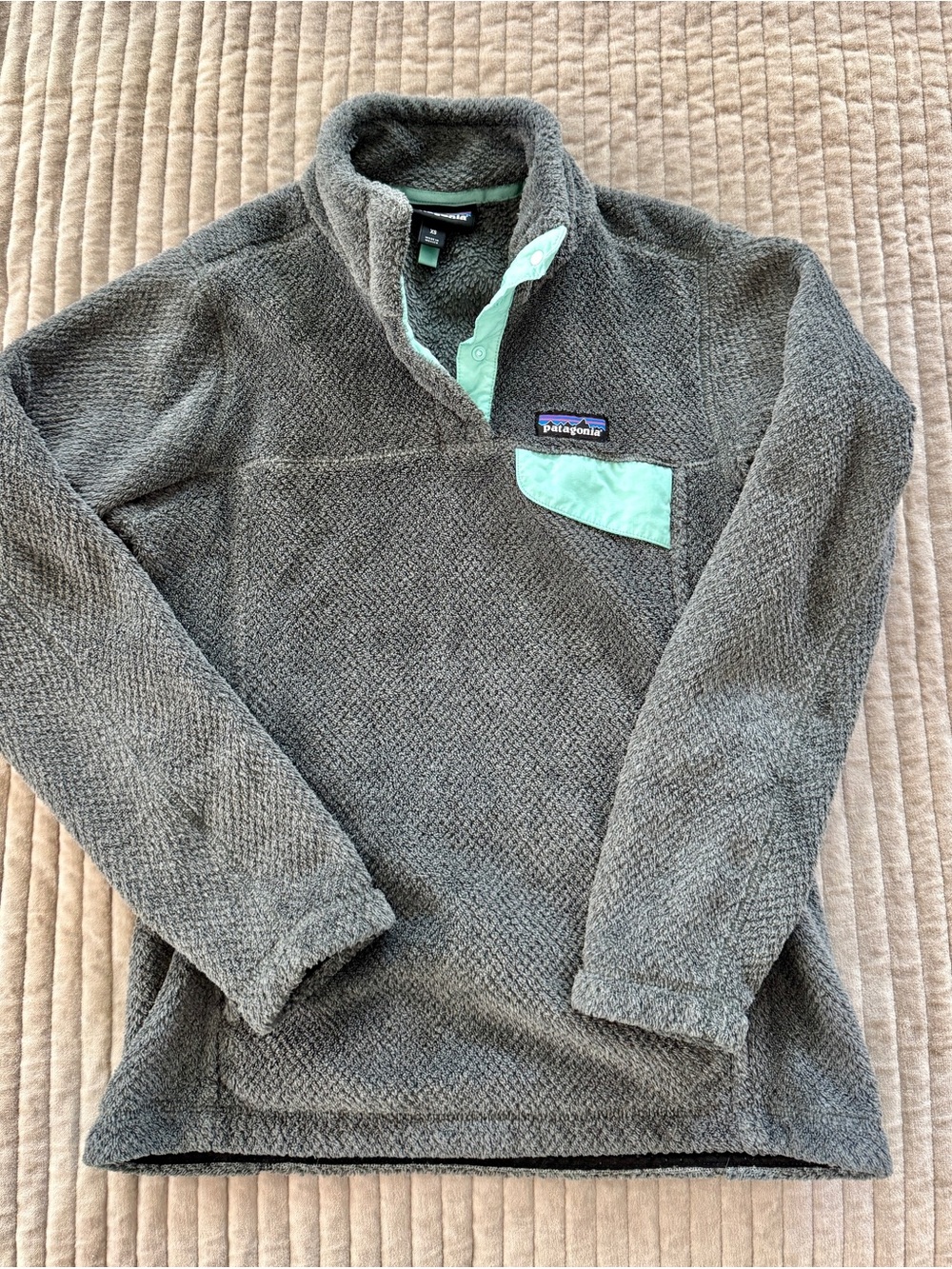 Patagonia Women’s Grey Synchilla Snap-T Pullover with Mint Accents